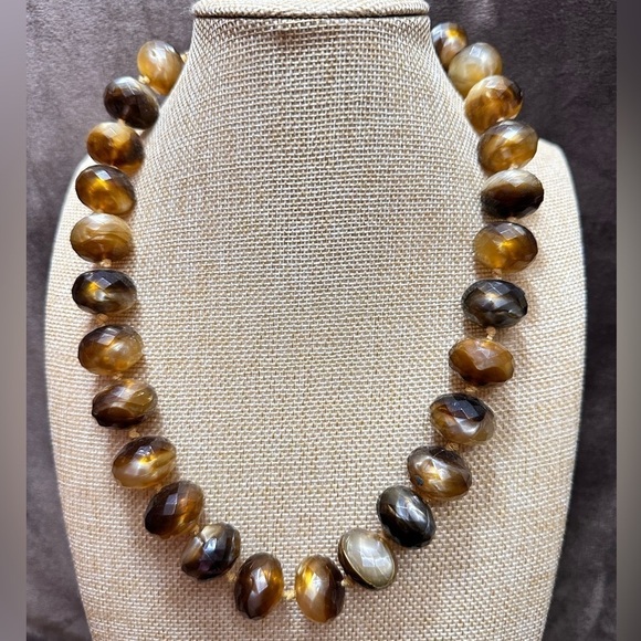 Necklace Hand knotted Faux Acrylic Tigers Eye Facets Choker Chunky Beads 4099 - Picture 12 of 16